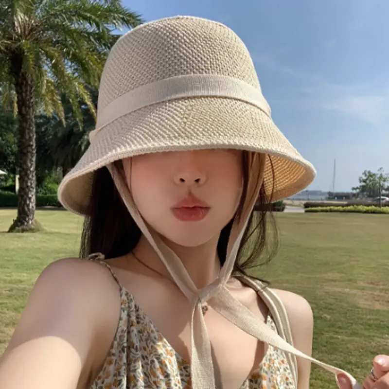 Summer Hollow Straw Fisherman Caps for Women Solid Color Breathable Lacing Basin Caps Outdoor Foldable UV Protection Sun Hats