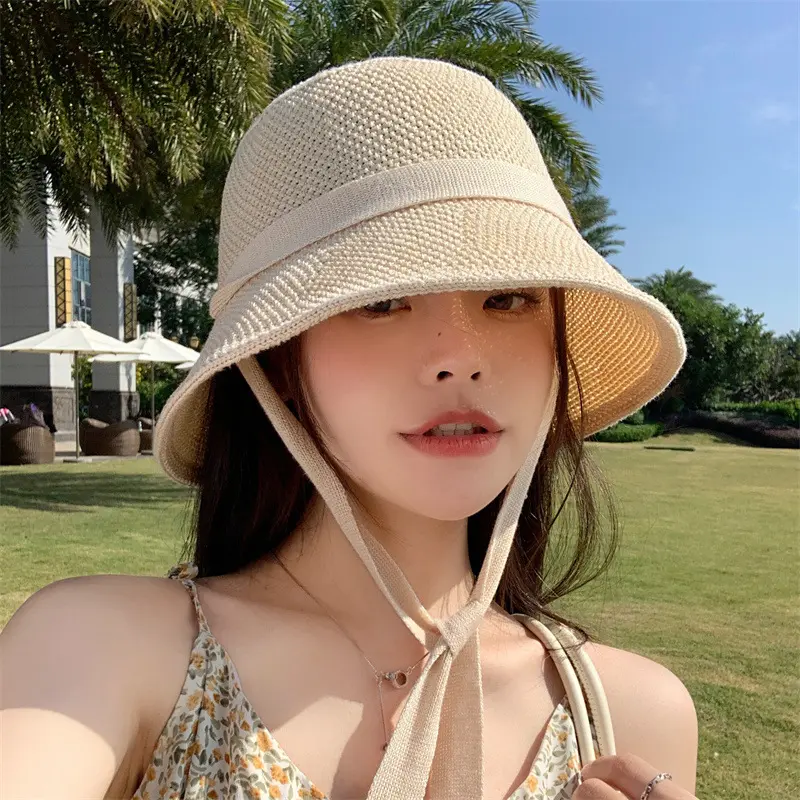 Summer Hollow Straw Fisherman Caps for Women Solid Color Breathable Lacing Basin Caps Outdoor Foldable UV Protection Sun Hats