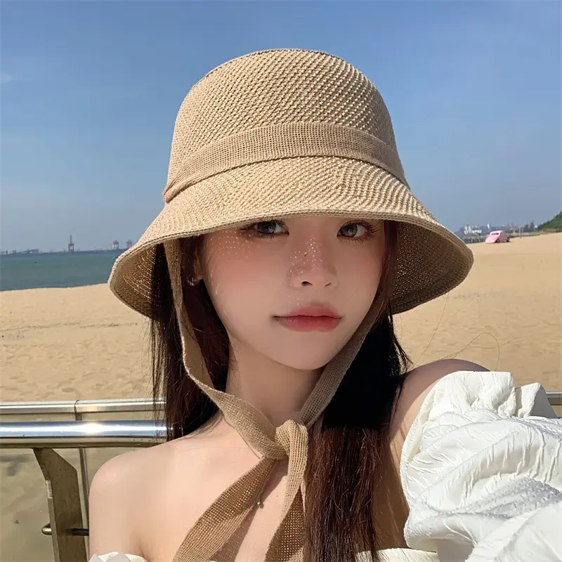 Summer Hollow Straw Fisherman Caps for Women Solid Color Breathable Lacing Basin Caps Outdoor Foldable UV Protection Sun Hats