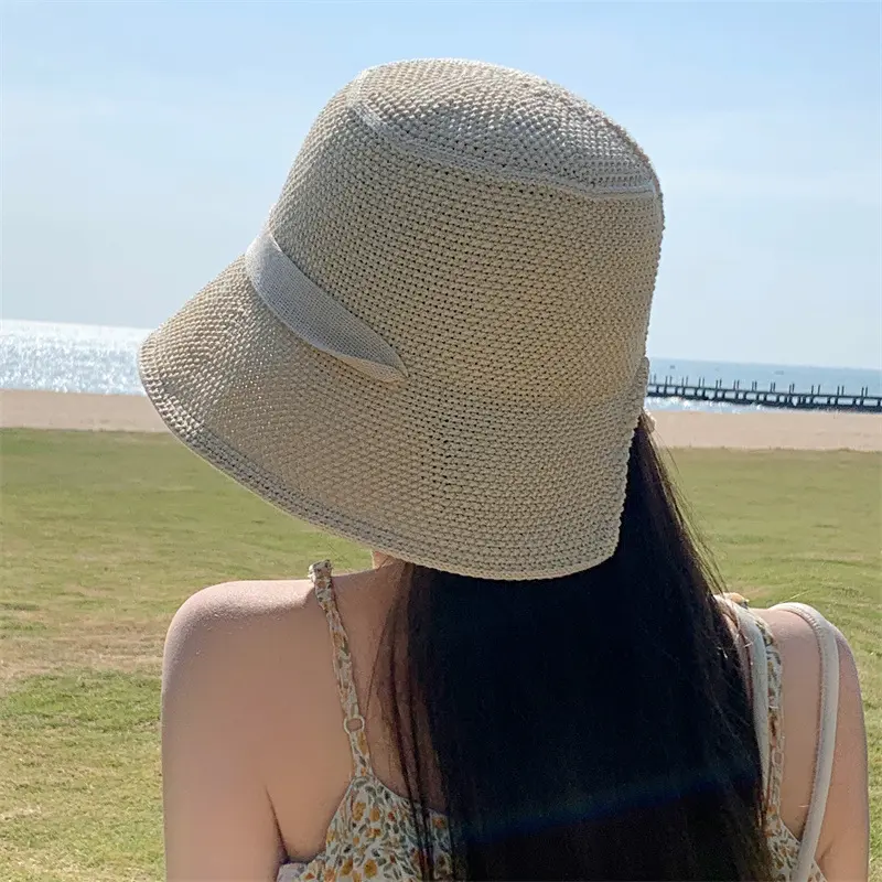 Summer Hollow Straw Fisherman Caps for Women Solid Color Breathable Lacing Basin Caps Outdoor Foldable UV Protection Sun Hats