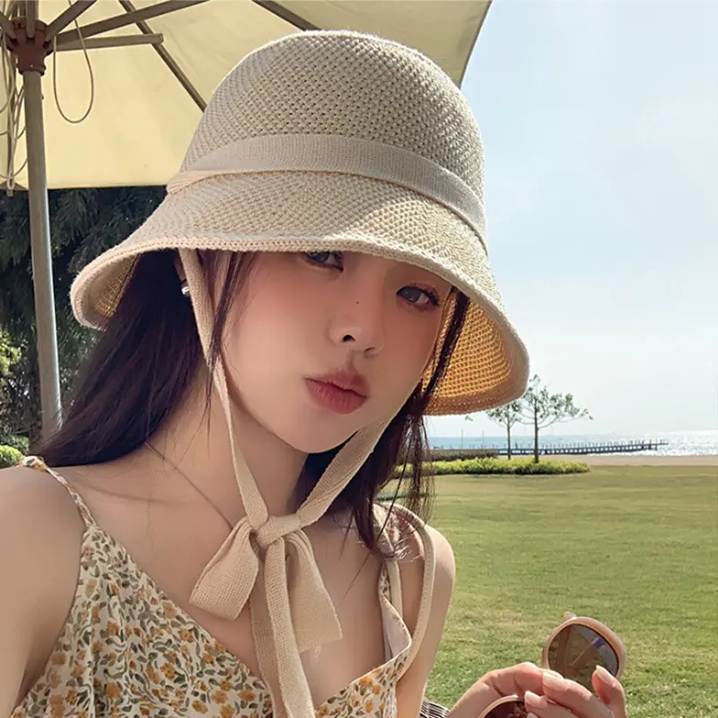 Summer Hollow Straw Fisherman Caps for Women Solid Color Breathable Lacing Basin Caps Outdoor Foldable UV Protection Sun Hats