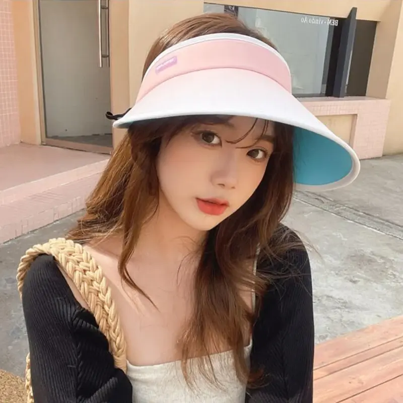 Summer Gradient Women Sun Hats Empty Top Wide Brim UV Protection Caps Outdoor Travel Beach Girl Foldable Sun Visors
