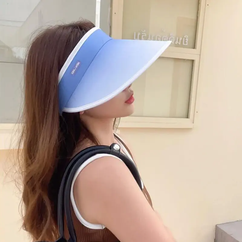 Summer Gradient Women Sun Hats Empty Top Wide Brim UV Protection Caps Outdoor Travel Beach Girl Foldable Sun Visors