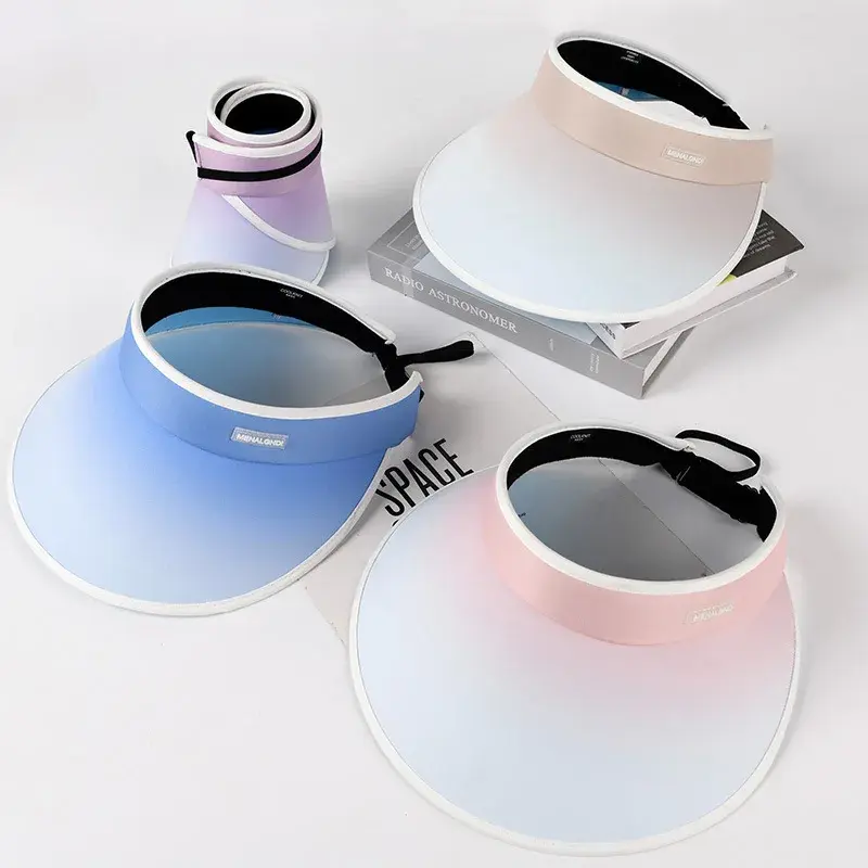 Summer Gradient Women Sun Hats Empty Top Wide Brim UV Protection Caps Outdoor Travel Beach Girl Foldable Sun Visors