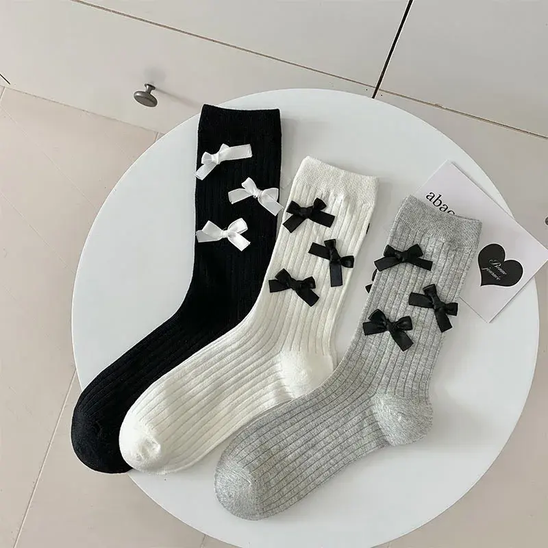 Japanese Bow Socks for Women Spring Summer Thin Cotton Middle Tube Socks Solid Color Lolita Girl Bowknot JK Socks