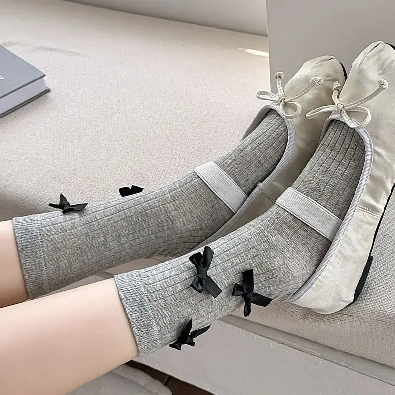 Japanese Bow Socks for Women Spring Summer Thin Cotton Middle Tube Socks Solid Color Lolita Girl Bowknot JK Socks