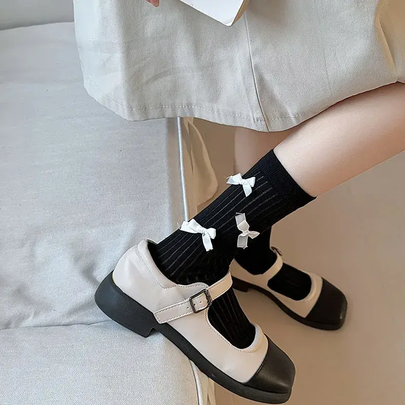 Japanese Bow Socks for Women Spring Summer Thin Cotton Middle Tube Socks Solid Color Lolita Girl Bowknot JK Socks