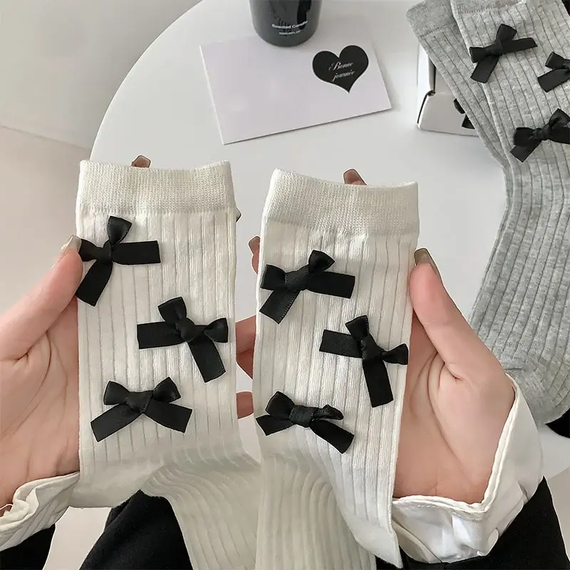 Japanese Bow Socks for Women Spring Summer Thin Cotton Middle Tube Socks Solid Color Lolita Girl Bowknot JK Socks