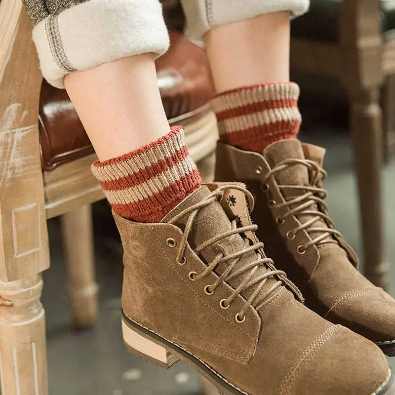 Winter Wool Socks Thicken Warm Knitted Striped Women Socks Female Short Socks Cotton Ankle Sock Calcetines