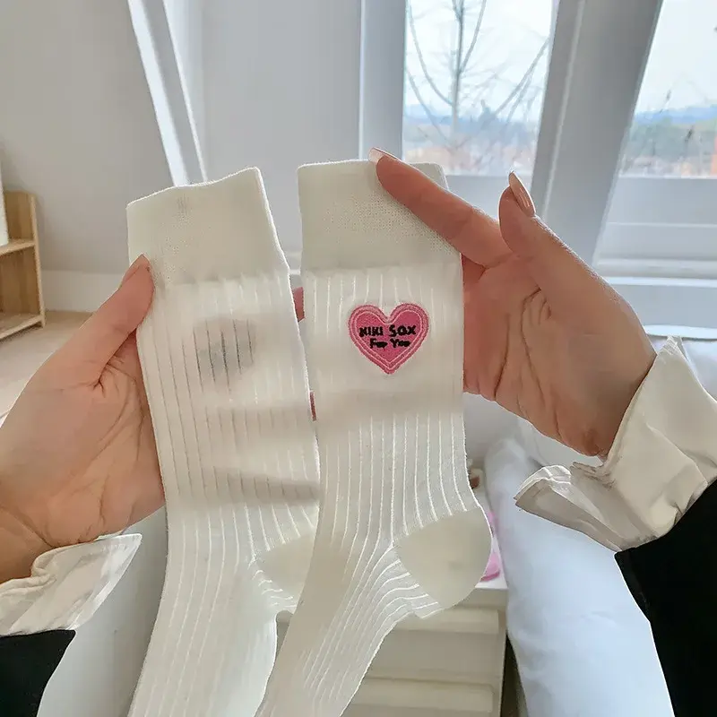 Pink Love Heart Embroidery Socks for Women Spring Autumn Thin Cotton Middle Tube Socks Harajuku Lady Girl Sports Socks