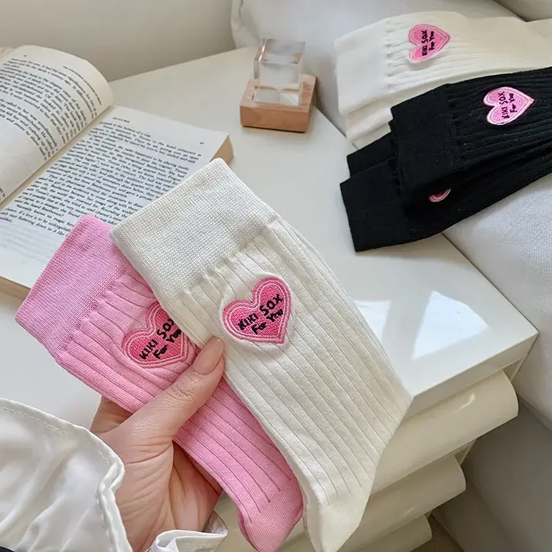Pink Love Heart Embroidery Socks for Women Spring Autumn Thin Cotton Middle Tube Socks Harajuku Lady Girl Sports Socks