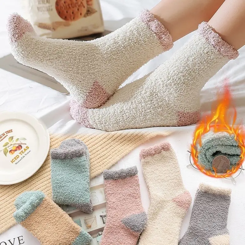 Soft Coral Fleece Women Socks Fashion Patchwork Winter Thicken Fur Warm Middle Tube Socks Girl Floor Socks Sleeping Socks