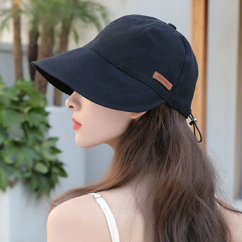 Large Brim Sunscreen Fisherman Caps for Women Solid Color Drawstring Adjustable Duck Tongue Caps Fashion Lady Sun Protection Hat
