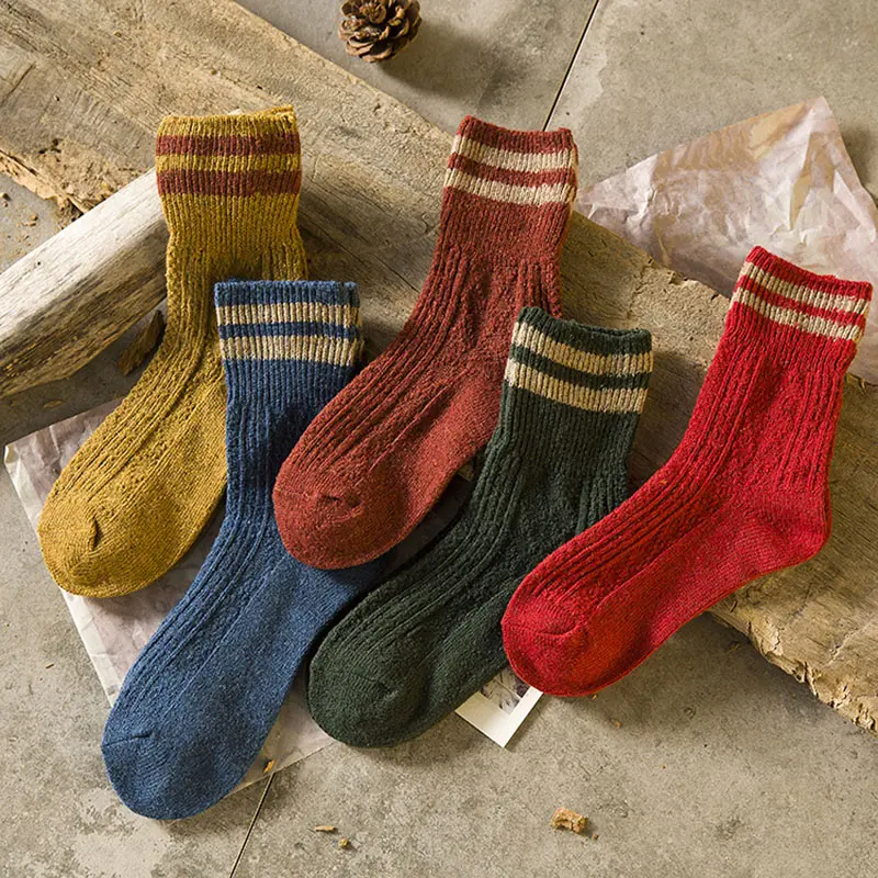 Winter Wool Socks Thicken Warm Knitted Striped Women Socks Female Short Socks Cotton Ankle Sock Calcetines