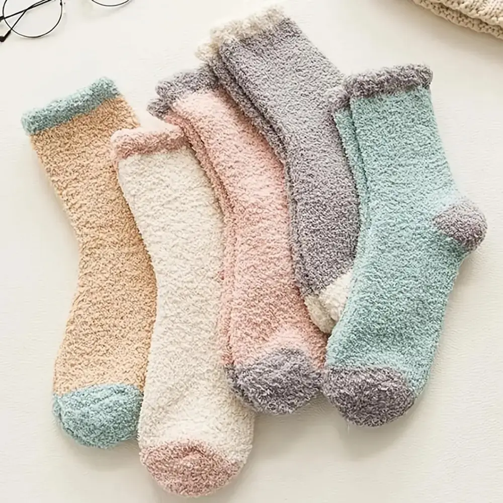 Soft Coral Fleece Women Socks Fashion Patchwork Winter Thicken Fur Warm Middle Tube Socks Girl Floor Socks Sleeping Socks