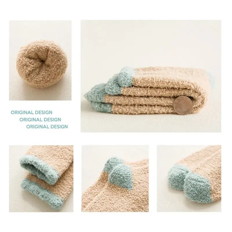 Soft Coral Fleece Women Socks Fashion Patchwork Winter Thicken Fur Warm Middle Tube Socks Girl Floor Socks Sleeping Socks