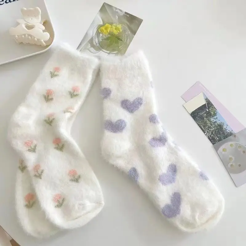 Korean Mink Fleece Socks Winter Warm Thicken Plush Middle Tube Sock Japanese Kawaii Blue Sky Cloud Tulip Comfortable Socks