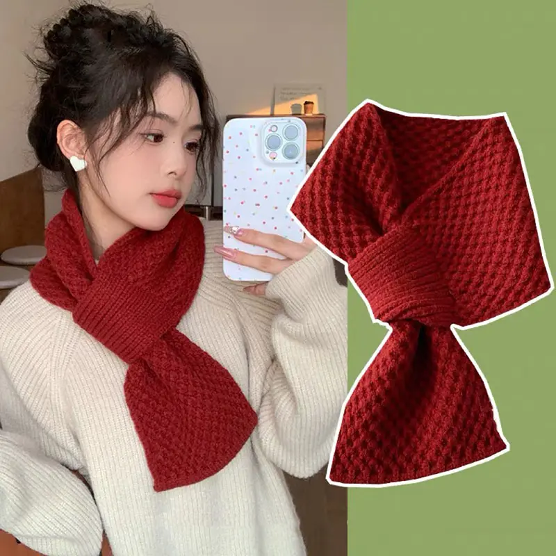 Winter Women Knitted Scarf Korean Solid Color Warm Cross Neckerchief Outdoor Lady Windproof Thicken Woolen Neck Cover