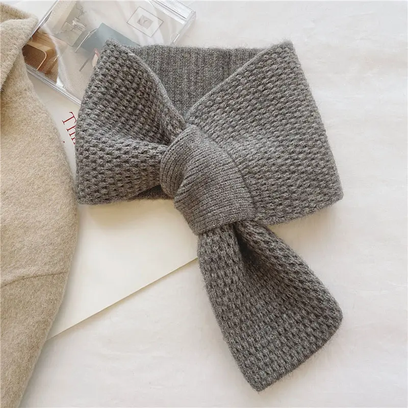 Winter Women Knitted Scarf Korean Solid Color Warm Cross Neckerchief Outdoor Lady Windproof Thicken Woolen Neck Cover