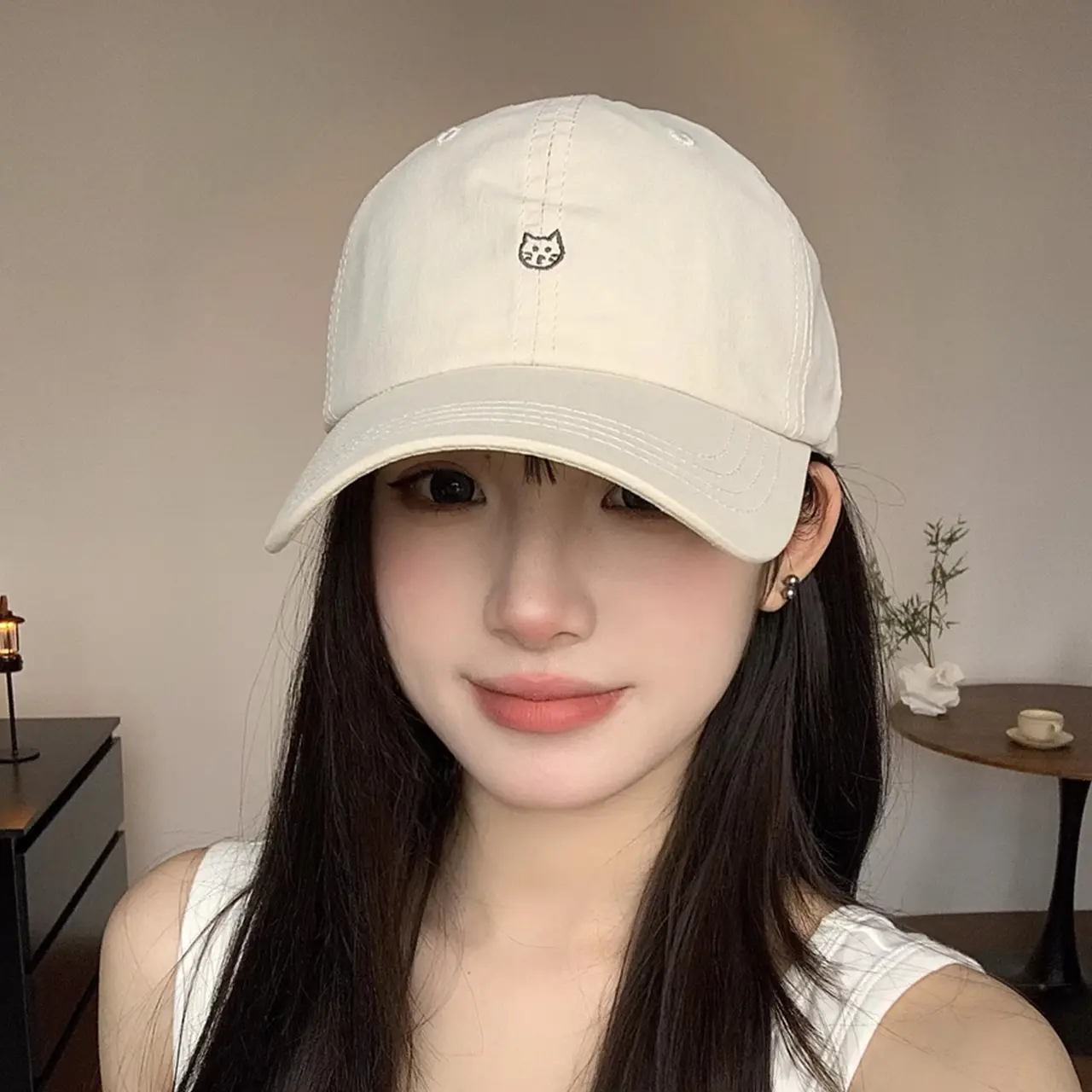 Cute Cat Embroidery Baseball Caps for Women Solid Color Adjustable Snapback Hats Korean Girl Outdoor Sports Sunscreen Peaked Hat