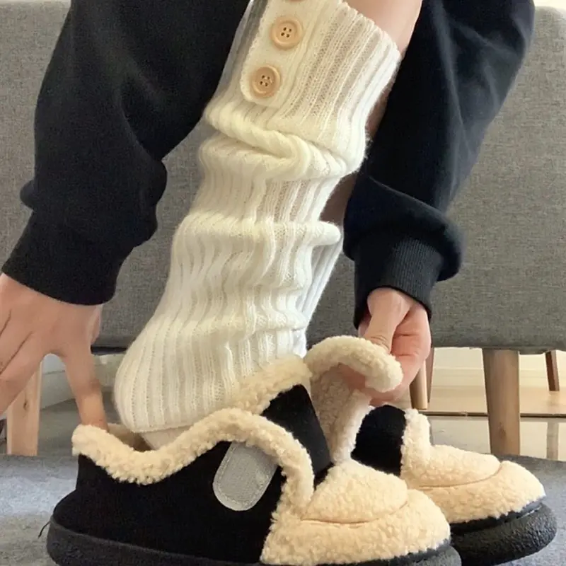 Black White Buttons Knitted Socks for Women Autumn Winter Thicken Warm Leg Warmers Lolita Girl JK Stockings Leg Cover
