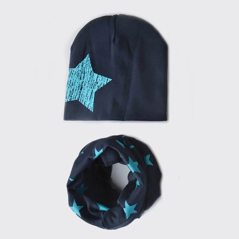 2Pcs/Set Winter Baby Hat Scarf Children Girl Boys Star Print Cotton Cap Beanie O Ring Collar Autumn Warm Kids Scarves Caps