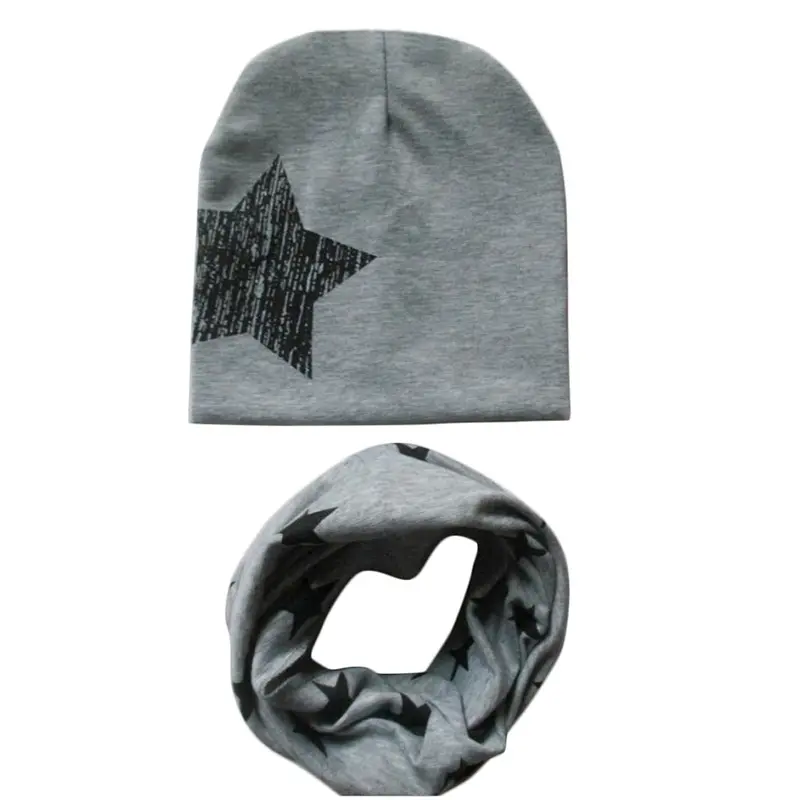2Pcs/Set Winter Baby Hat Scarf Children Girl Boys Star Print Cotton Cap Beanie O Ring Collar Autumn Warm Kids Scarves Caps