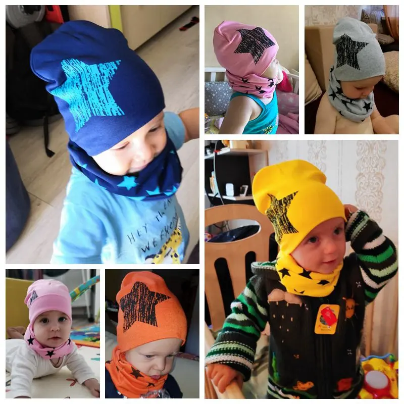 2Pcs/Set Winter Baby Hat Scarf Children Girl Boys Star Print Cotton Cap Beanie O Ring Collar Autumn Warm Kids Scarves Caps