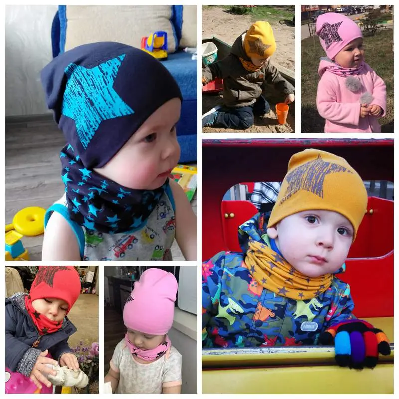 2Pcs/Set Winter Baby Hat Scarf Children Girl Boys Star Print Cotton Cap Beanie O Ring Collar Autumn Warm Kids Scarves Caps