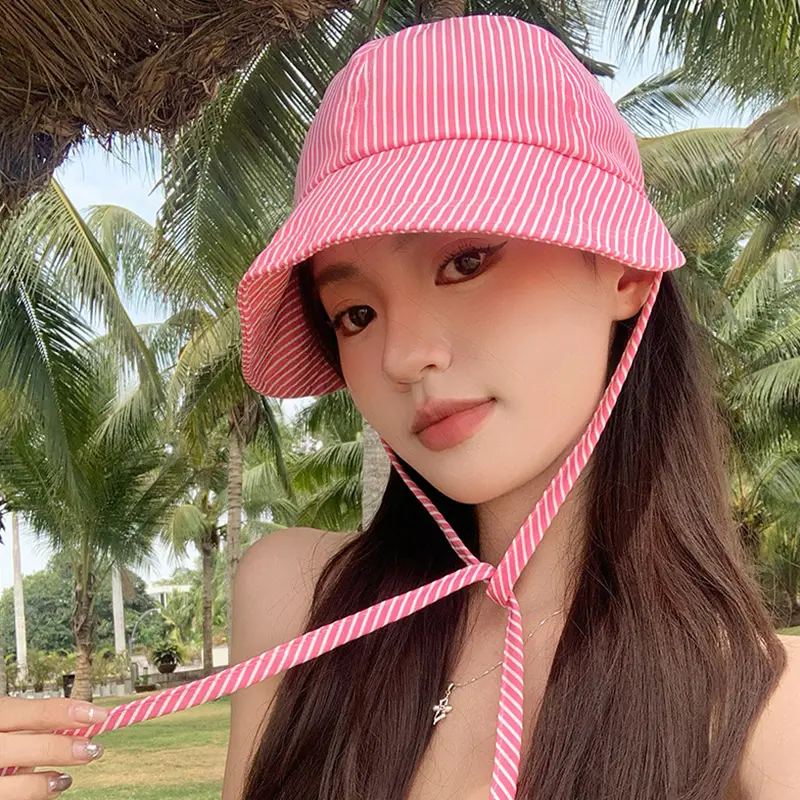 Summer Stripes Women Fisherman Caps Large Brim Thin Sunscreen Hats Adjustable Foldable Outdoor Travel Lady Sun Visors