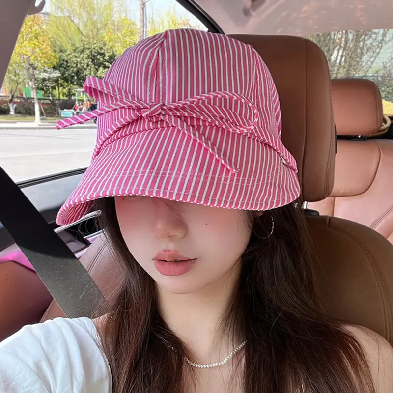 Summer Stripes Women Fisherman Caps Large Brim Thin Sunscreen Hats Adjustable Foldable Outdoor Travel Lady Sun Visors