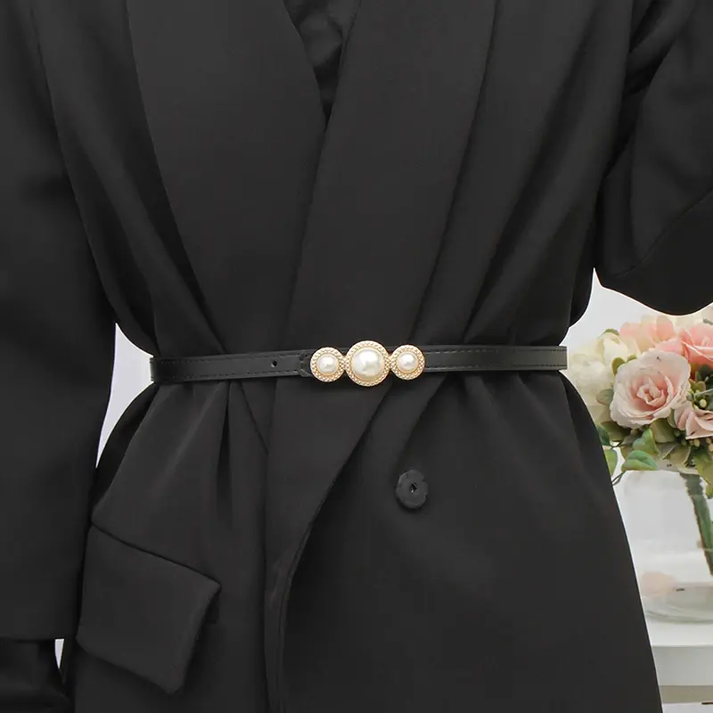 Elegant Pearl Buckle Belts for Women Solid Color PU Leather Thin Waistbands Lady Jeans Suit Decorative Straps Girdle