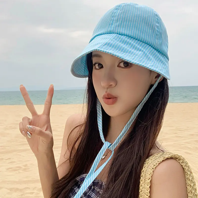 Summer Stripes Women Fisherman Caps Large Brim Thin Sunscreen Hats Adjustable Foldable Outdoor Travel Lady Sun Visors