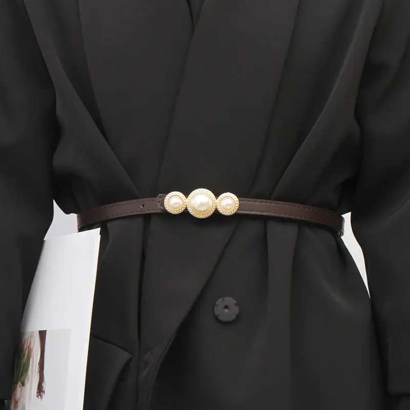 Elegant Pearl Buckle Belts for Women Solid Color PU Leather Thin Waistbands Lady Jeans Suit Decorative Straps Girdle