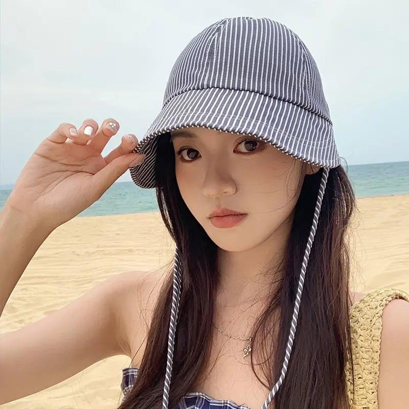 Summer Stripes Women Fisherman Caps Large Brim Thin Sunscreen Hats Adjustable Foldable Outdoor Travel Lady Sun Visors