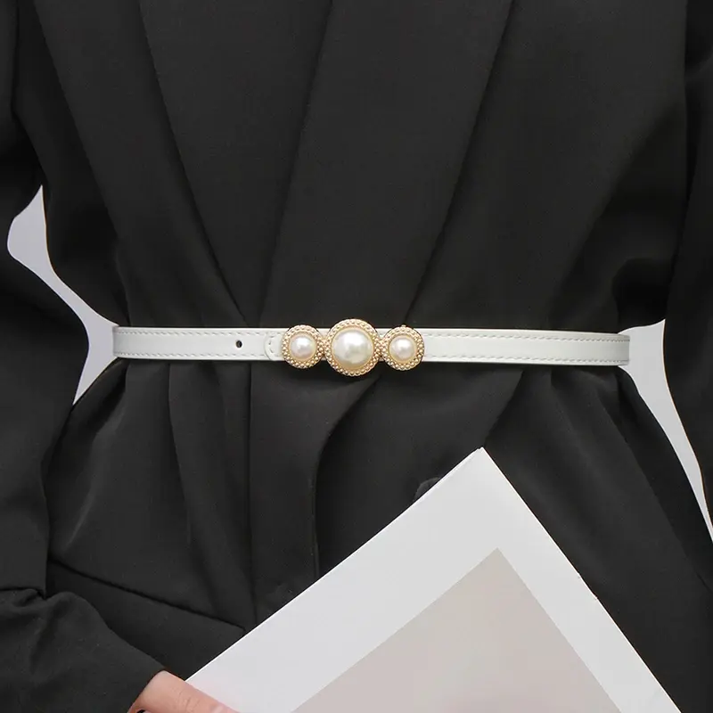 Elegant Pearl Buckle Belts for Women Solid Color PU Leather Thin Waistbands Lady Jeans Suit Decorative Straps Girdle