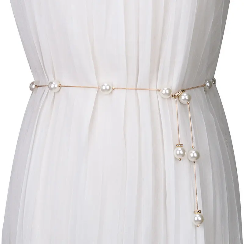 Elegant Pearl Metal Waist Chain for Women Thin Adjustable Chain Belts Fashion Lady Girl Dress Decorative Straps Waistband