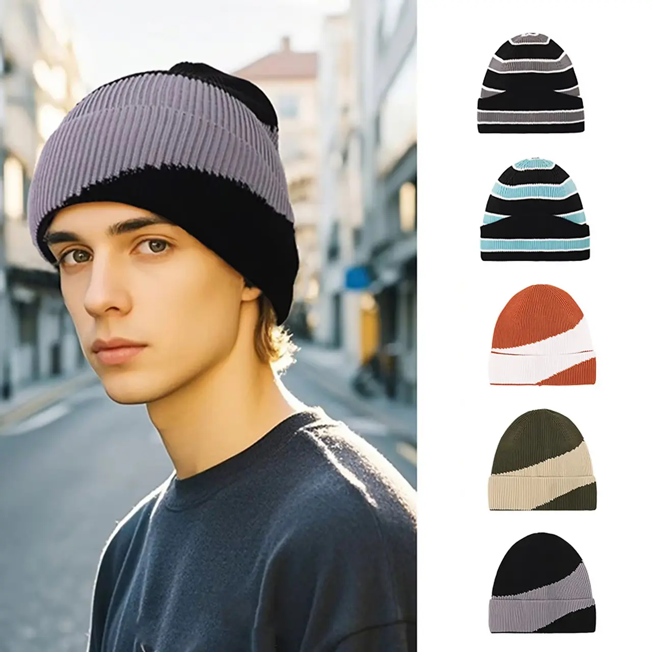 New Knitted Pullover Hats for Men Women Fashion Patchwork Stripe Winter Warm Skullcaps Outdoor Windproof Ski Beanies Caps