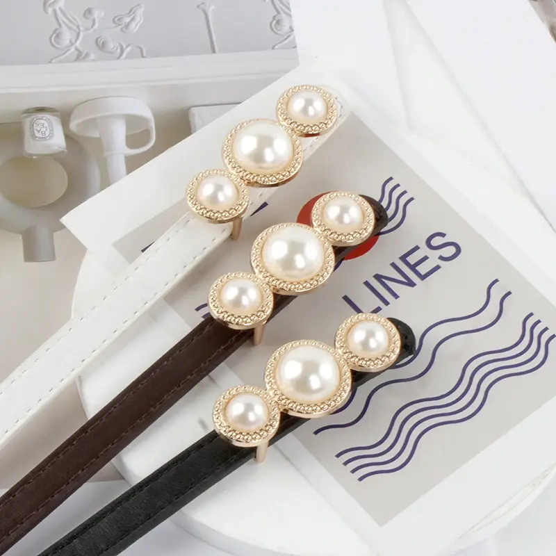 Elegant Pearl Buckle Belts for Women Solid Color PU Leather Thin Waistbands Lady Jeans Suit Decorative Straps Girdle