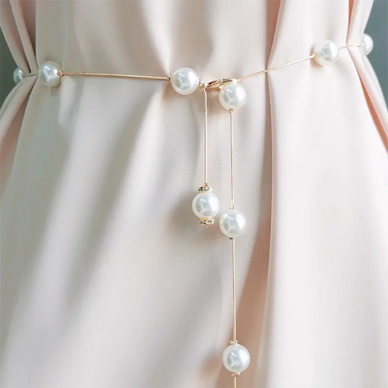 Elegant Pearl Metal Waist Chain for Women Thin Adjustable Chain Belts Fashion Lady Girl Dress Decorative Straps Waistband