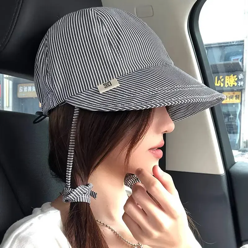Summer Stripes Women Fisherman Caps Large Brim Thin Sunscreen Hats Adjustable Foldable Outdoor Travel Lady Sun Visors