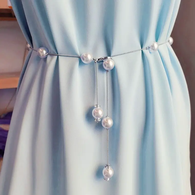 Elegant Pearl Metal Waist Chain for Women Thin Adjustable Chain Belts Fashion Lady Girl Dress Decorative Straps Waistband