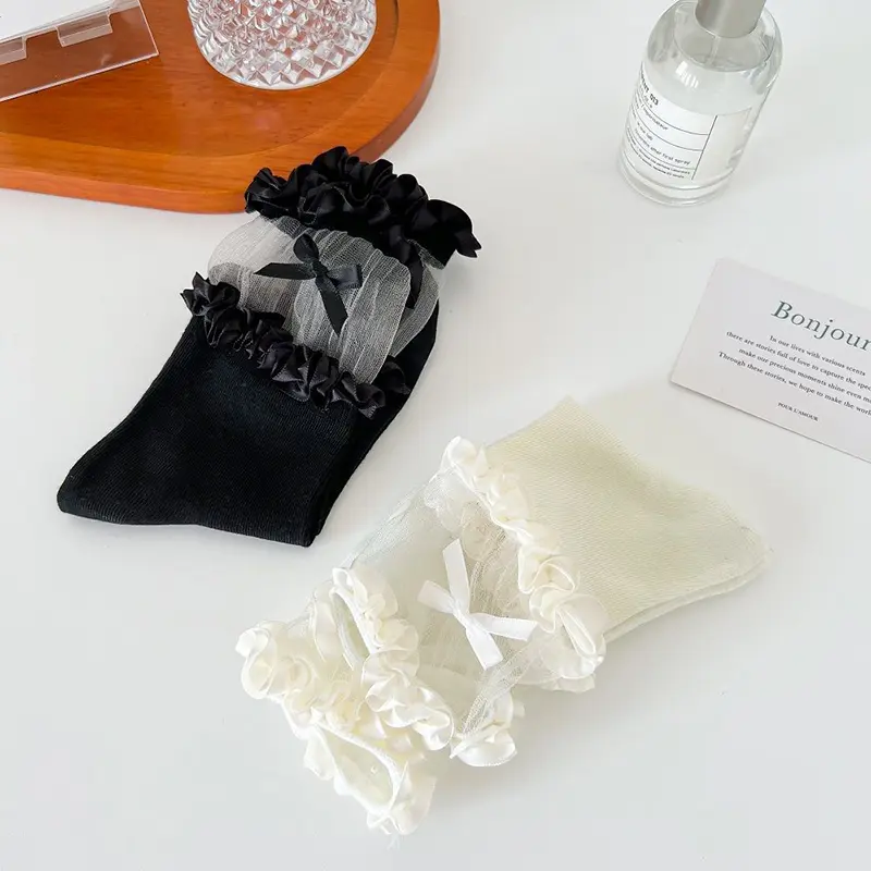 Lace Bow Ruffle Socks for Women Summer Cotton Thin Breathable Middle Tube Socks JK Lolita Girl Solid Color Mesh Socks
