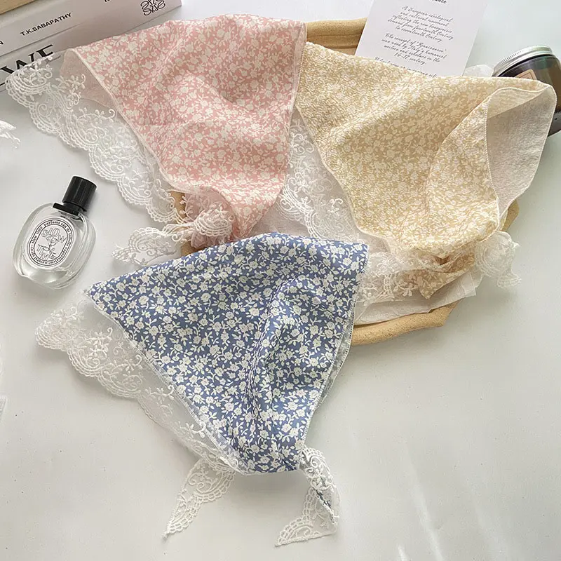 Lace Flower Print Headscarf for Women Sweet Korean Girl Triangle Hairband French Headwear Fashion Hair Accessories Photo Props