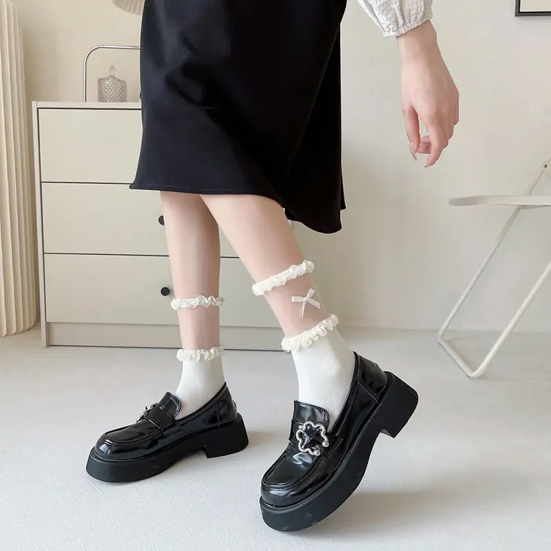 Lace Bow Ruffle Socks for Women Summer Cotton Thin Breathable Middle Tube Socks JK Lolita Girl Solid Color Mesh Socks