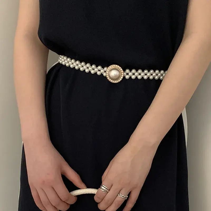 Shiny Pearl Waist Chain for Women Lady Dress Coat Decorative Girdles Straps Korean Elastic Thin Belt Waistband Fashion Accessory