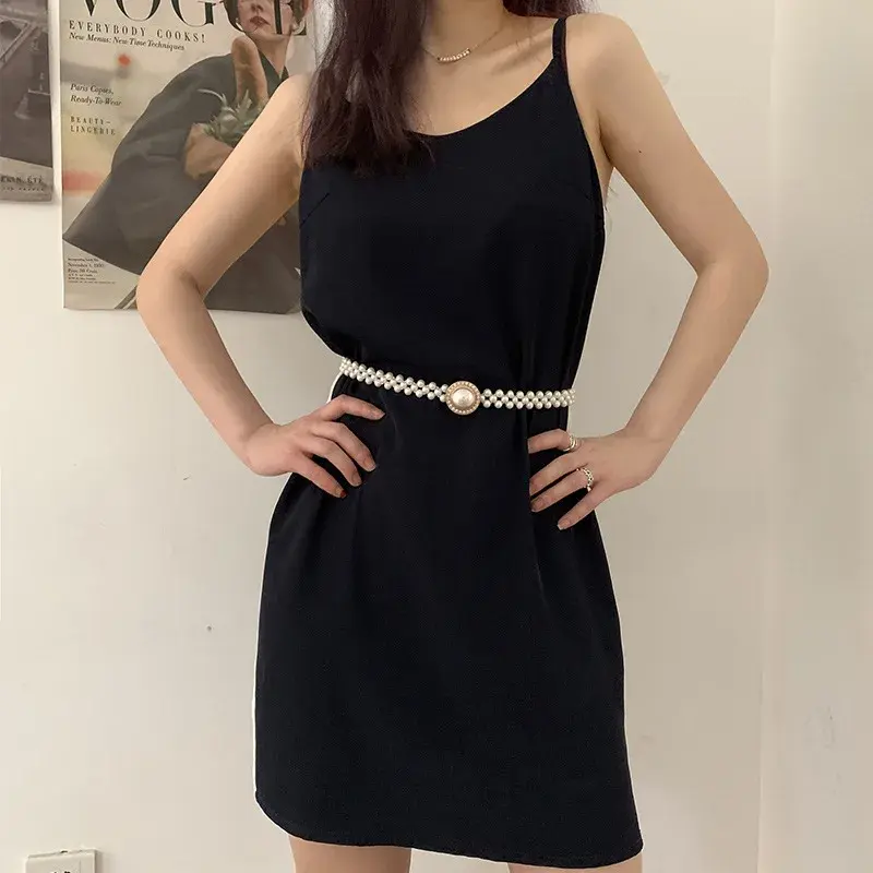 Shiny Pearl Waist Chain for Women Lady Dress Coat Decorative Girdles Straps Korean Elastic Thin Belt Waistband Fashion Accessory