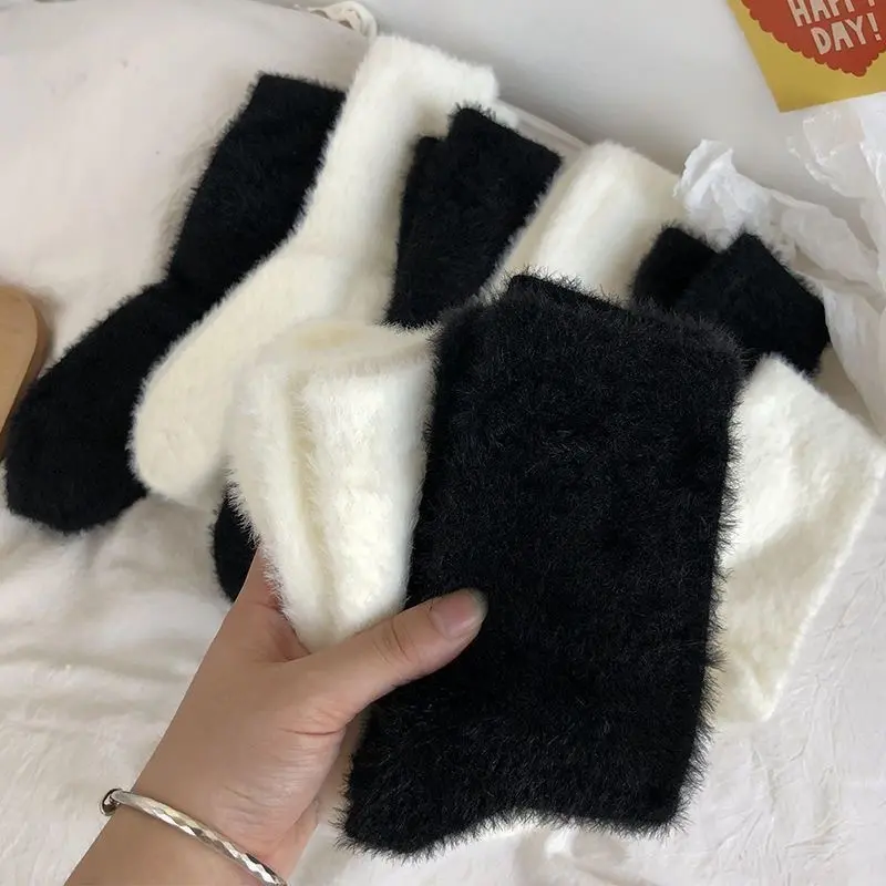 Mink Plush Black White Socks for Women Winter Thicken Fluffy Warm Middle Tube Socks Girl Home Thermal Floor Socks