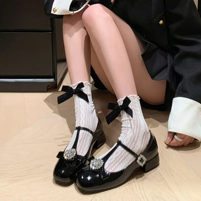 Black White Bow Mesh Stockings for Girl Summer Hollow Thin Breathable Middle Tube Socks JK Lolita Women Footwear