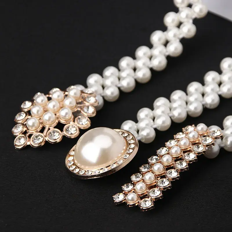 Shiny Pearl Waist Chain for Women Lady Dress Coat Decorative Girdles Straps Korean Elastic Thin Belt Waistband Fashion Accessory